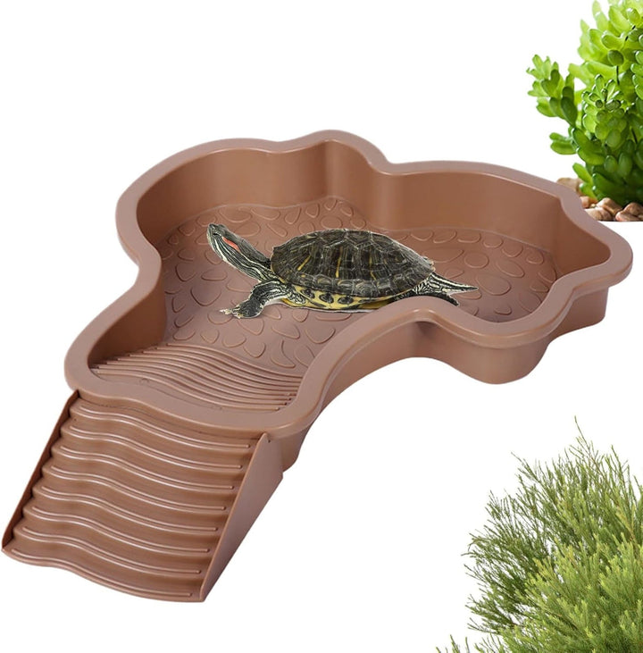 Extra Large Reptile Bathing Pool Reptile Feeding Dish Water Bowl with Ramp Turtle Bath Aquarium Ornament for Leopard Tortoise Scorpion Snake Turtle Lizard Bath (Brown Yellow)