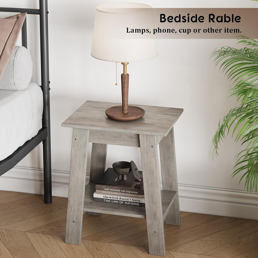 Riedhoff Wooden End Table, Farmhouse 2-Layer Storage Shelves, 15.51 x 11.81 x 18.98", 2 Piece, Gray