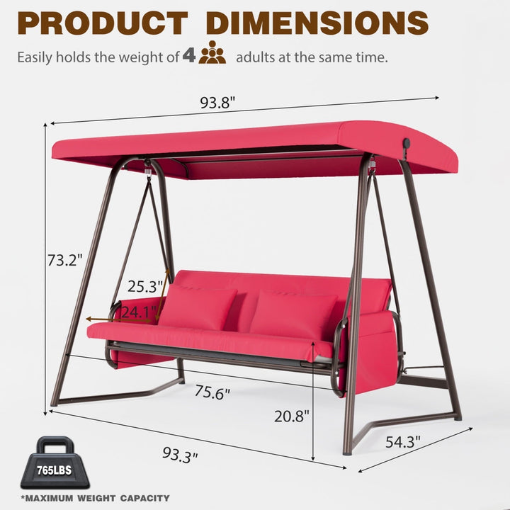 3-Seater Outdoor Patio Metal Swing Chair with Cushion and Adjustable Canopy, Comfortable Leisure Swing Bed with Adjustable Backrest, for Yard, Patio, Garden, Red