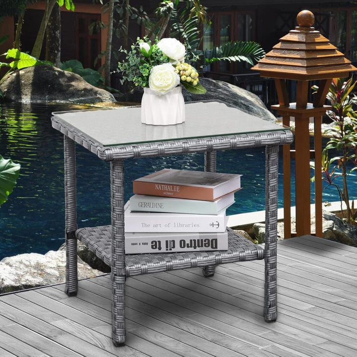 Outdoor Wicker Glass Top Side Table - Patio Rattan Square End Table with Storage, Grey