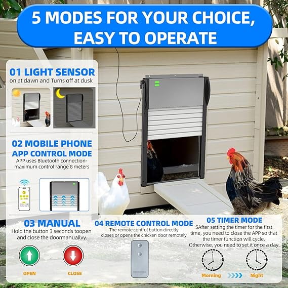 Automatic Chicken Coop Door Solar Powered with Timer, Programmable Light Sensor Openers with Remote Control, Anti-Pinch Aluminum Auto Chicken Coops Doors with 5 Modes for Farm, Outdoor, Yard, Gray