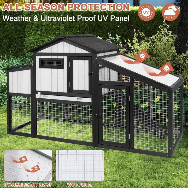 65.3"L Chicken Coop and Run, Expandable Wooden Hen House for 1-2 Chickens, 2 Story Poultry Cage with Nesting Box, Pull-Out Tray, Perches Indoor/Outdoor Pet Hutch Backyard Use, Combinable, Black