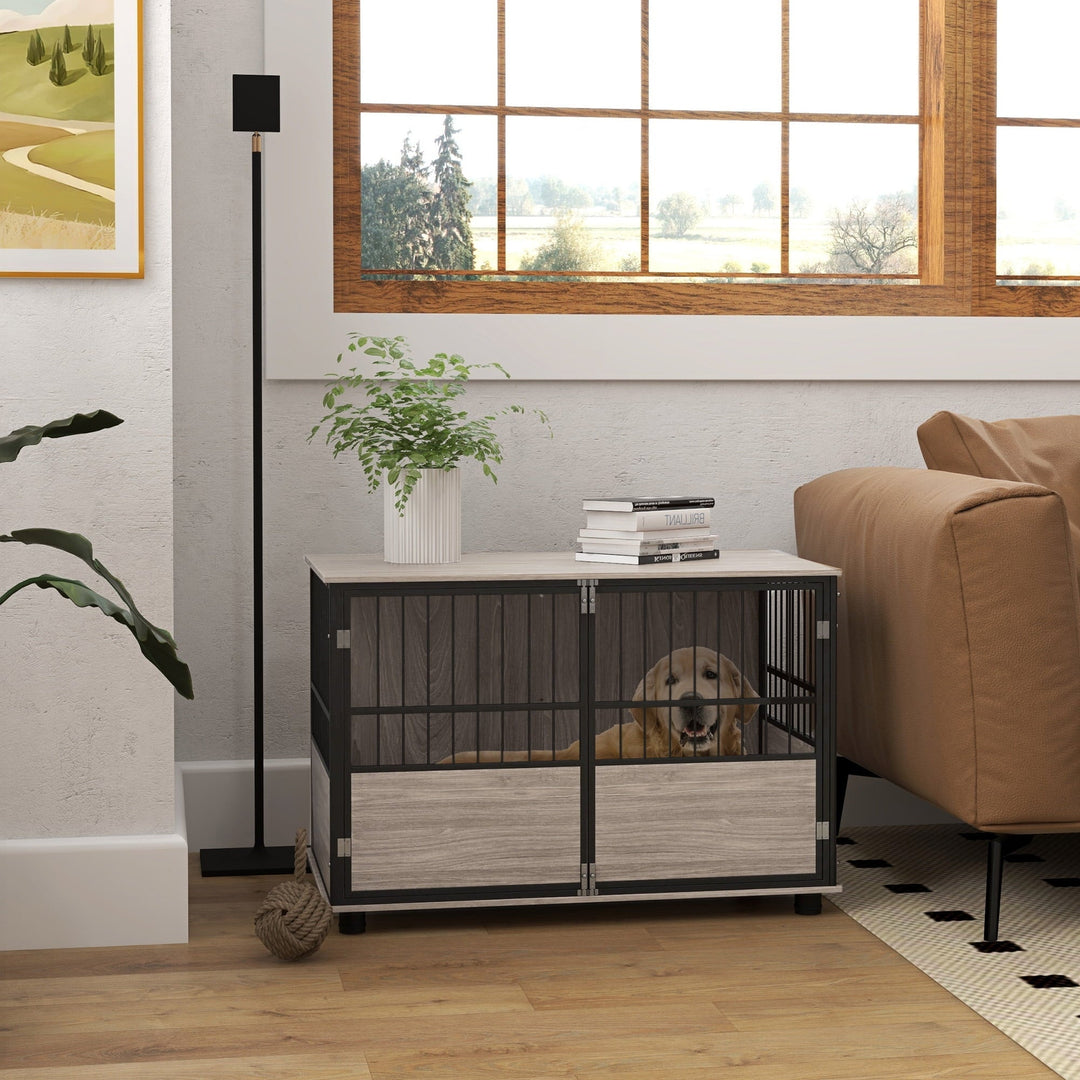 Noaman PawHut 39.5" Wooden Dog Crate Furniture End Table, Brown Indoor Pet House with 3 Doors for Small to Large Dogs, Multi-Functional Kennel & Side Table