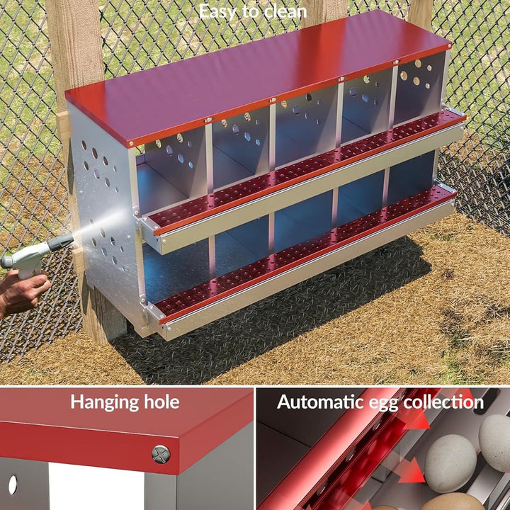 Lumiparty Chicken Nesting Box, 10 Compartment Metal Nesting Boxes for Hens Laying Eggs, Red
