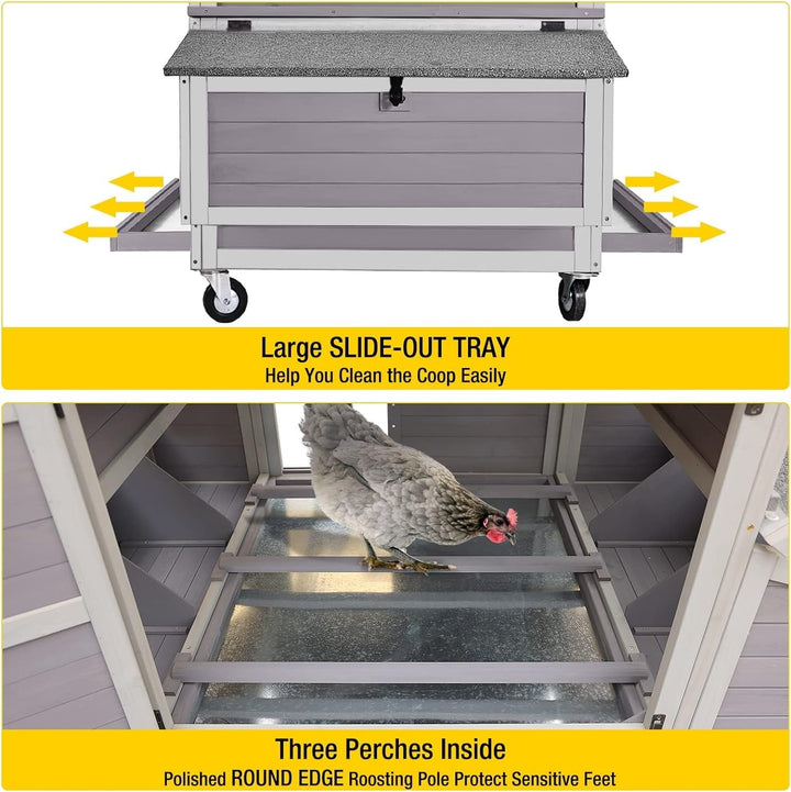 BUTINGLALE Chicken Coop on Wheels Movable Hen House with Two Nesting Boxes, Large Poultry Cage Outdoor Duck Cage