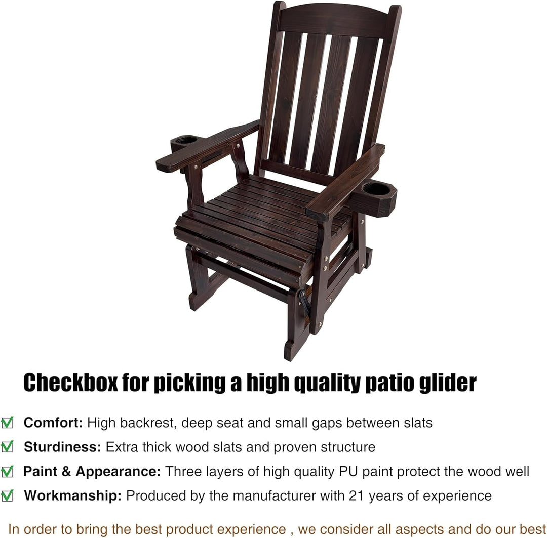 Fortune Candy Wooden Patio Glider with High Back and Deep Contoured Seat for 1 Person, Deep Brown