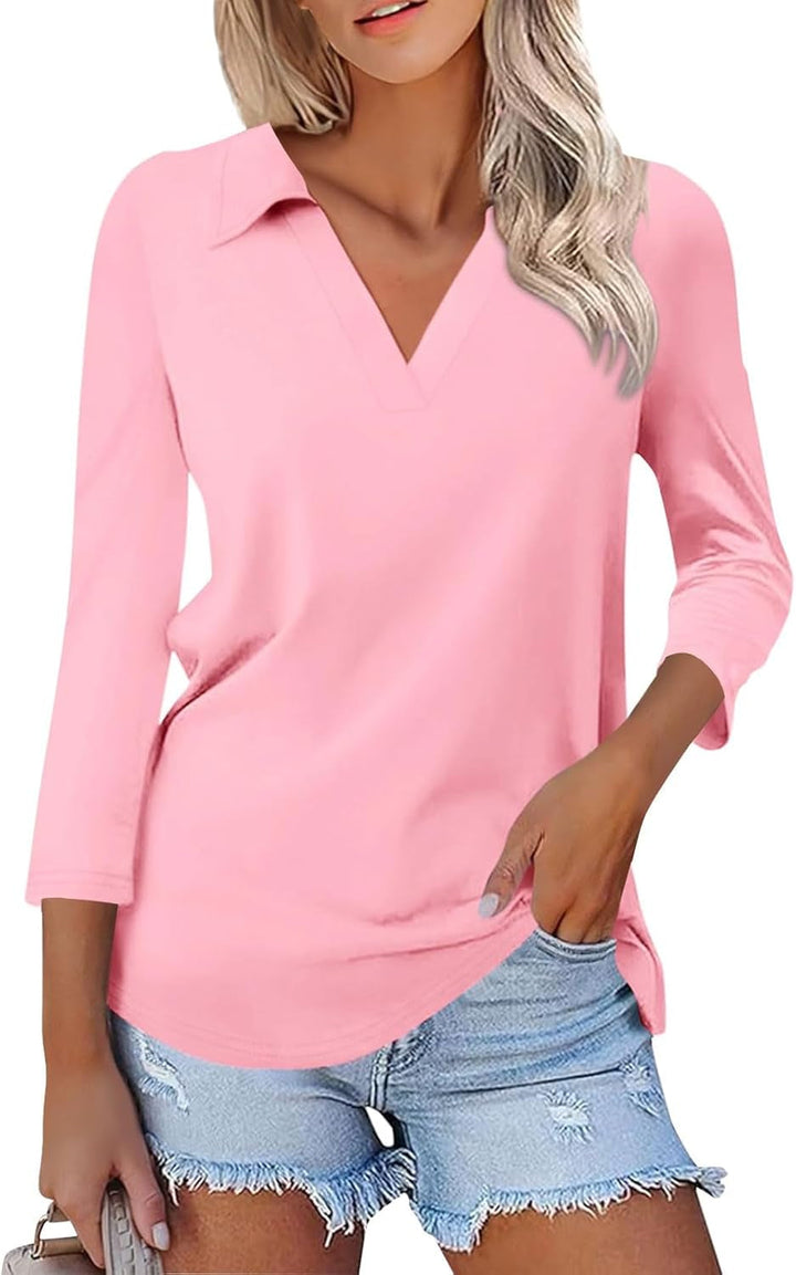 Women'S 3/4 Sleeves V Neck Polo T Shirts 2024 Casual Summer Tops Solid Color Basic Collared Plain Tee Blouses