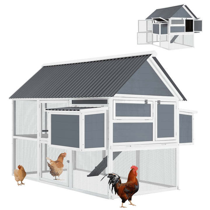 YODOLLA 84” Outdoor Large Chicken Coop, Wooden Hen House Poultry Cage for 10 Chickens Walk in Chicken House with Run, Grey