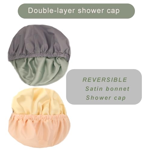 2Pcs Genergy Shower Cap for Women, Adjustable, Large& Reusable &Satin Lined Shower Cap Waterproof Washable &Double Layers &Reversible (Litht grey+Apricot)