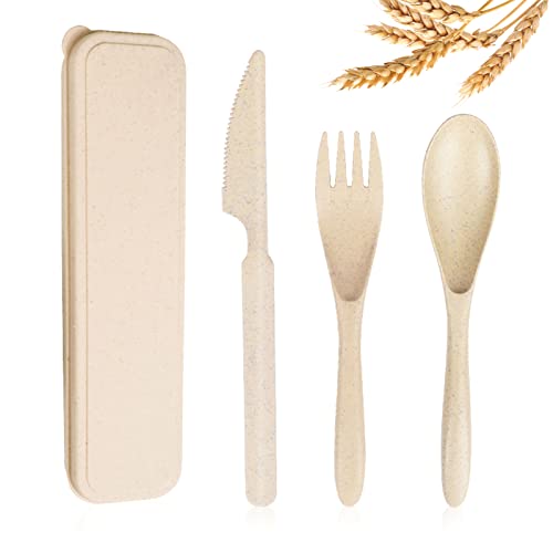 Reusable Travel Utensils Set with Case, 4 Sets Wheat Straw Portable Knife Fork Spoons Tableware, Eco-Friendly BPA Free Cutlery for Kids Adults Picnic Camping Utensils(Green, Beige, Pink, Blue)