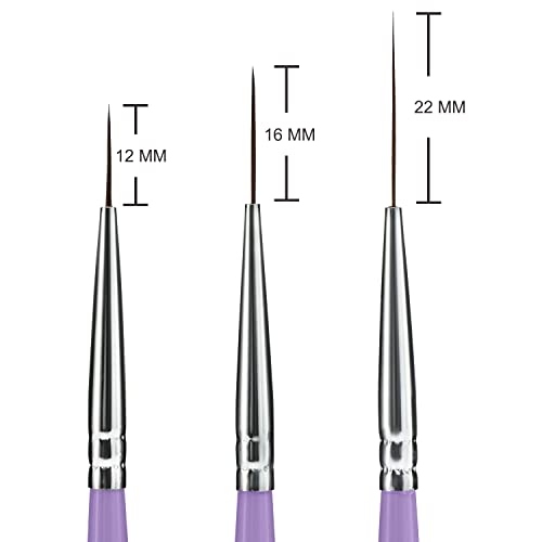 Beaute Galleria 3 Pieces Nail Art Long Striper Brush Set (12mm, 16mm, 22mm) for Thin Long Fine Line, Detailer, Striping, Color Block, One Stroke