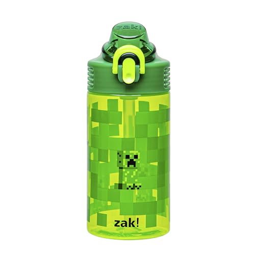 Zak Designs Sage Minecraft Kids Water Bottle For School or Travel, 16oz Durable Plastic Water Bottle With Straw, Handle, and Leak-Proof, Pop-Up Spout Cover (Creeper)