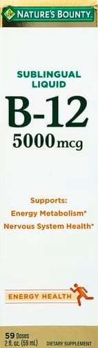 Nature's Bounty Vitamin B12 5000 Mcg Sublingual Liquid, Cardiovascular Health & Cellular Energy Support, 2 Fl Oz (1 Count)