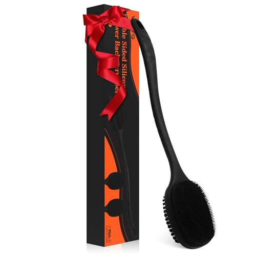 VWMYQ Back Scrubber for Shower, New Update Double Sided Body Scrub Brush Long Handle with Soft Silicone Bristles and Stiff Nylon Bristles for Shower Exfoliating and Massage Can Produce More Rich Foam