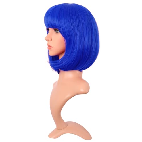 MapofBeauty 12 Inch /30 cm Fashion Lady Short Straight Synthetic Flat Bangs Bob Wig (Navy Blue)