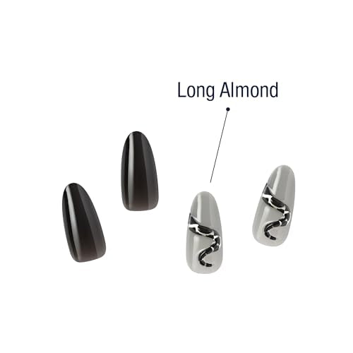 KISS Gel Fantasy 28 Pcs Press On Nails, Long Almond Fake Nails, Black Grey Snake Design Stick On Extensions, Reusable Full Cover Kit with Glue, Manicure Stick & File, 7 Day Wear, Vegan & Cruelty Free