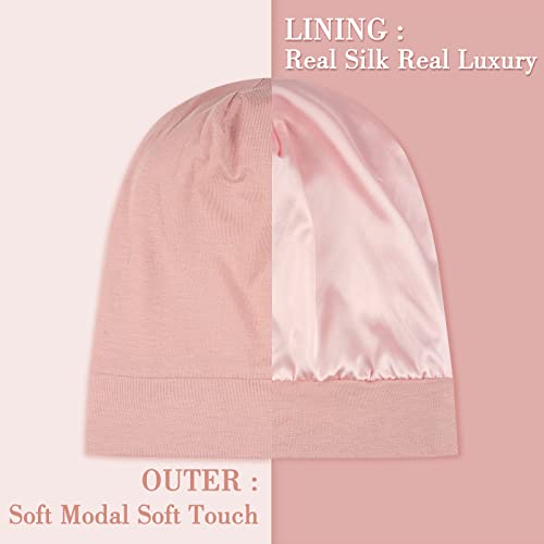 LULUSILK Mulberry Silk Bonnet for Sleeping Women, Real Silk Sleep Cap for Curly Hair and Braids, Pure Head Wrap with Scrunchies, Pink
