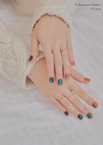ohora Semi Cured Gel Nail Strips (N Autumn Ombre) - Green/Brown Works with Any UV/LED Lamps, Salon-Quality, Long Lasting, Easy to Apply & Remove - Includes 2 Prep Pads, Nail File & Wooden Stick