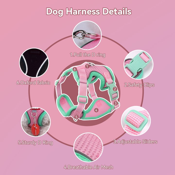 NOYAFA Dog Harness & Leash No Pull Puppy Harness for Small to Medium Dogs, Cats ,Reflective Adjustable Soft Padded D-Rings Pet Harness with Hook & Loop Fastener, Buckle （Pink S）