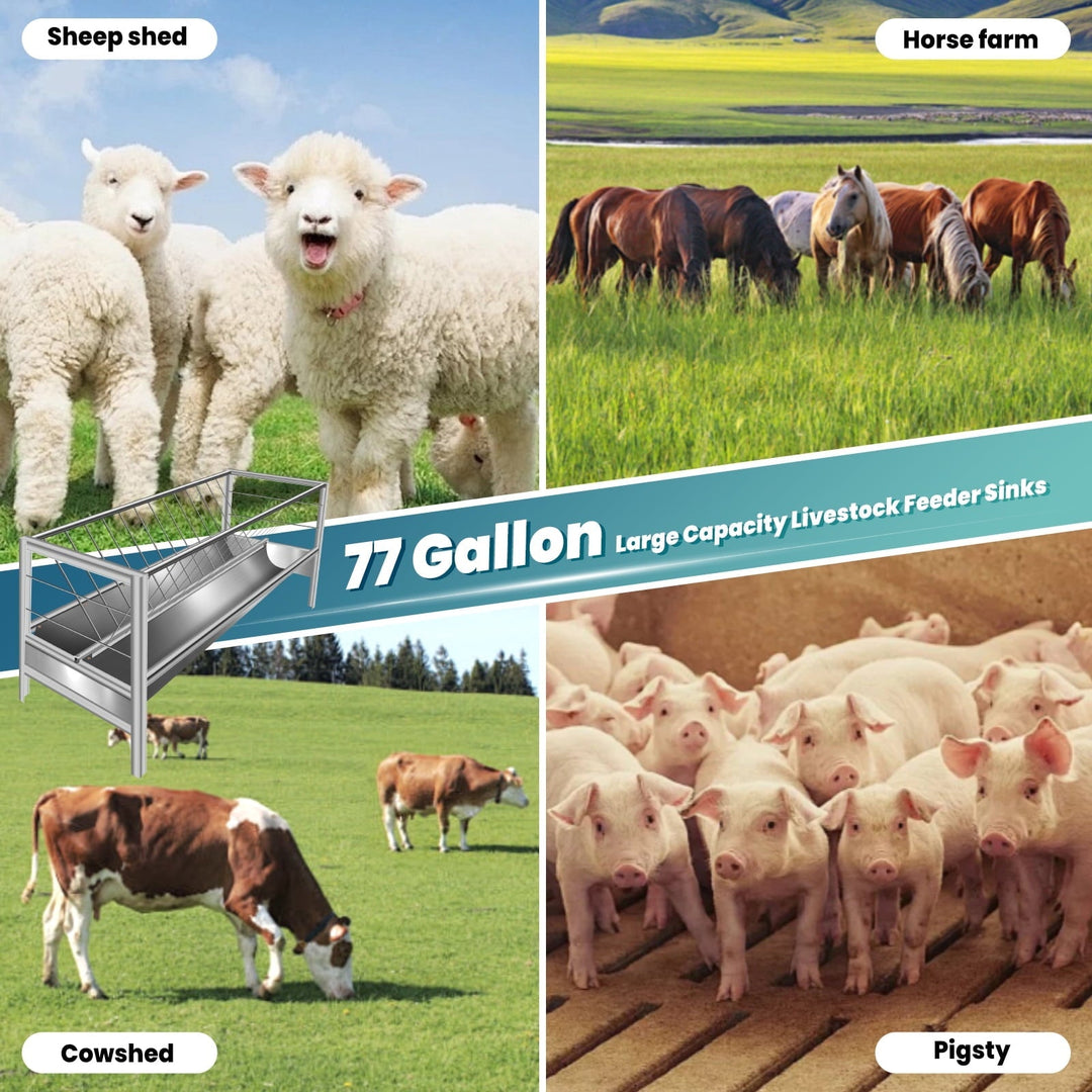 Stainless Steel Livestock Feeder - 77 Gallon 2-in-1 Goat Hay Feeder for Sheep, Horses & Alpacas - Rustproof Large Capacity Farm Animal Feeder