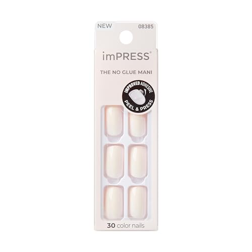 KISS imPRESS No Glue Mani 30 Pcs Press On Nails, Medium Squoval Design Nail, Solid Pure White Print, Simple Peel & Press Easy Apply, Hassel-Free Removal, Essential Tools Included