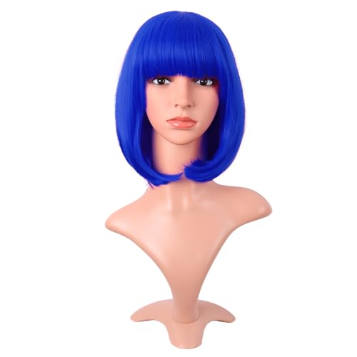 MapofBeauty 12 Inch /30 cm Fashion Lady Short Straight Synthetic Flat Bangs Bob Wig (Navy Blue)