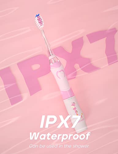 SEAGO Kids Electric Toothbrush with 2 Mins Timer and 4 Replacement Bursh Heads, Rainbow LED Light Make Brushing Fun, Pink Color Girls Battery Powerd for 4-12 Years Old，SG-977