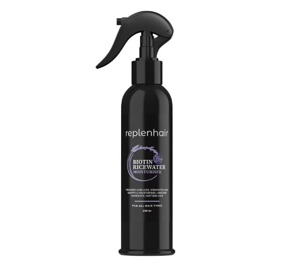 Replenhair Rice Water Biotin Hair Growth Spray - Leave In Conditioner Infused with Biotin Oil & Essential Oil for Hair Growth, Reduces Hair Fall, Dandruff & Promotes Thicker Hair - 250ml
