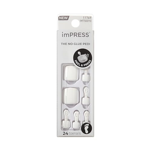 KISS imPRESS No Glue Mani 30 Pcs Press On Toenails, Solid Pure White Stick On Extension False Nails for Toes, Peel & Press Easy Apply, Hassle-Free Removal, Includes Manicure Stick, Prep Pad & File