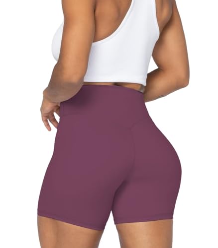 Sunzel No Front Seam High Waist Biker Shorts for Women, Squat Proof Yoga Workout Gym Bike Shorts 5" Inseam Purple Red X-Small