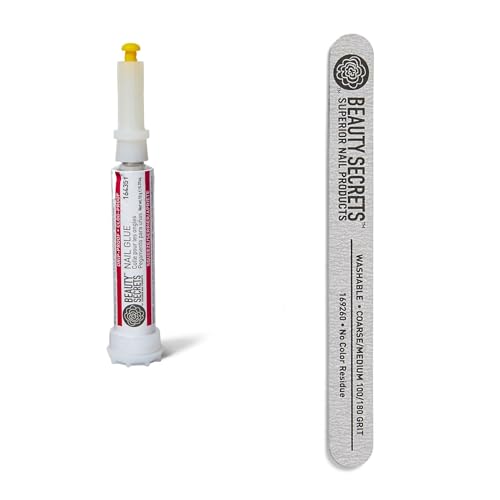 Beauty Secrets Drip & Clog Proof Nail Glue (1 Pack) Bundled with Zebra Cushion Nail File Medium Coarse 180/100 Grit by Beauty Secrets