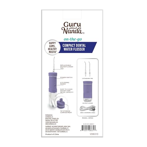GuruNanda Compact Water Dental Flosser, Portable Travel Size Oral Irrigator Flosser with Collapsible 180 ml Tank, Smart Timer, 4 Flossing Modes, TSA-Approved - Lavender