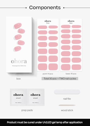ohora Semi Cured Gel Nail Strips (N Cream Pink) - Pink, Solid, Works with Any UV/LED Lamps, Salon-Quality, Long Lasting, Easy to Apply & Remove - Includes 2 Prep Pads, Nail File & Wooden Stick