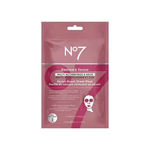 No7 Restore and Renew Multi-Action Face and Neck Serum Boost Mask – Anti-Aging, Firming, Wrinkle-Reducing Sheet Mask for Hydrating and Brightening Uneven Skin Tone