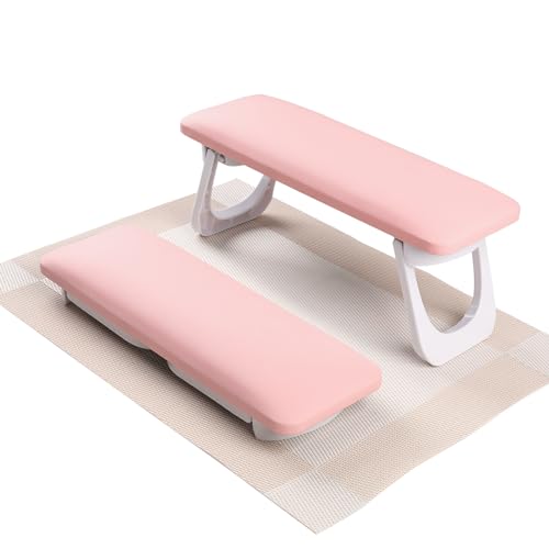 ANGNYA Nail Arm Rest for Nails Tech, Foldable Hand Stand for Nail Tech with PVC Table Mat Microfiber Leather Nail Arm Rest with Bracket Manicure Arm Rest for Nail Salon Technician (Pink)