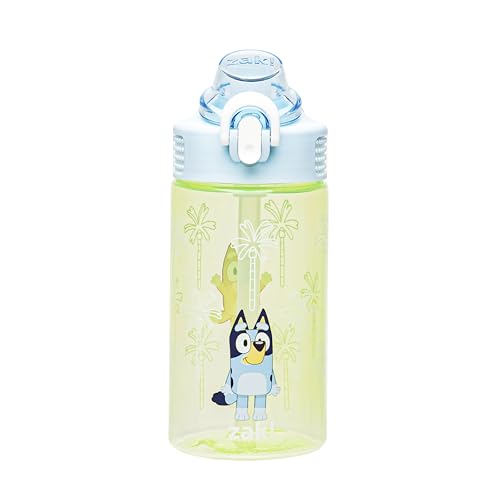 Zak Designs Sage Bluey Kids Water Bottle For School or Travel, 16oz Durable Plastic Water Bottle With Straw, Handle, and Leak-Proof, Pop-Up Spout Cover (Bluey & Bingo)