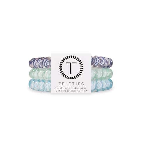 TELETIES - Small Spiral Hair Coils - Spring Collection - Ponytail Holder Hair Ties for Women - Phone Cord Hair Ties - Strong Grip, No Rip, Water Resistant, No Crease - 3 pack - Totally Turquoise