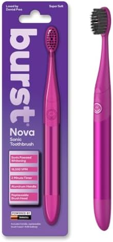 Burst Nova Toothbrush (Pink) | Sonic Powered Teeth Whitening | Super-Soft Bristles | 18000 VPM | 2 Minute Timer | Aluminum Handle | Replaceable Brush Head | Compact Size | with AAA Battery
