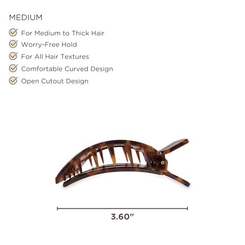 TELETIES - Medium Flat Square Clip - For Lying Down, Yoga, Driving & More - Strong Grip, Bendable Teeth, Comfortable Curved Design - Ideal for Medium Hair - Core Collection - Tortoise