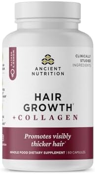 Ancient Nutrition Hair Growth + Collagen Supplement, Hydrolyzed Collagen Peptides, Clinically Studied Superfoods for Hair Growth Support, Thicker, Fuller Hair and Radiant Skin, 60 Count