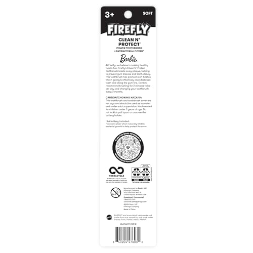 Firefly Clean N' Protect Barbie Toothbrush with Antibacterial Cover, Soft Bristles, Battery Included, Ages 3+, 1 Count