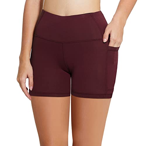 BALEAF Biker Shorts Women Yoga Gym Workout Spandex Running Volleyball Tummy Control Compression Shorts with Pockets 5" Wine Red XS