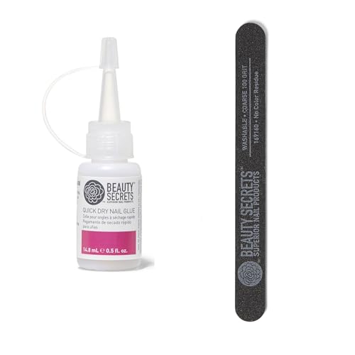 Beauty Secrets Quick Dry Nail Glue .5 Fl Oz (1 Pack) Bundled with Nail File Black Cushion Medium Coarse 180/100 Grit by Beauty Secrets