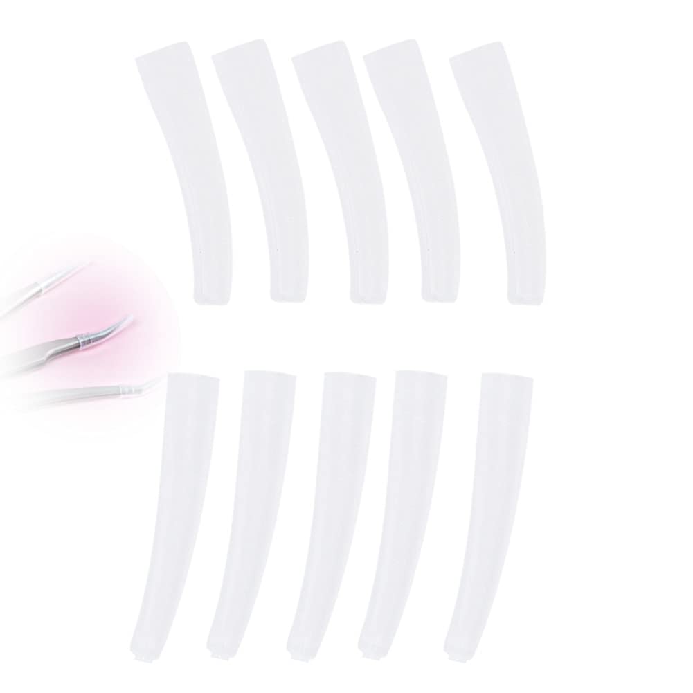 Transparent Plastic Elbow Tweezers Cover, 10Pcs Non-Slip Eyelashes Grafting Head Cover + Stainless Steel Tweezers Protective Cov