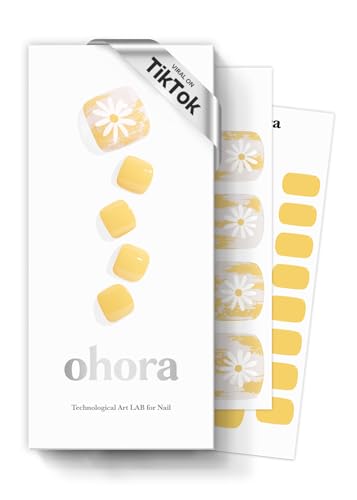 ohora Semi Cured Gel Nail Strips (P Sun Daisy) - Yellow, Patterned, Works with UV/LED Lamps, Salon-Quality, Long Lasting, Easy to Apply & Remove - Includes 2 Prep Pads, Nail File & Wooden Stick