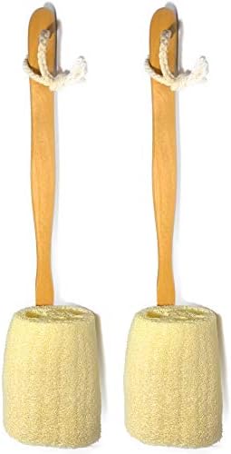 2 Pack Natural Exfoliating Loofah luffa loofa Bath Brush On a Stick - with Long Wooden Handle Back Brush for Men & Women - Shower Sponge Body Back Scrubber