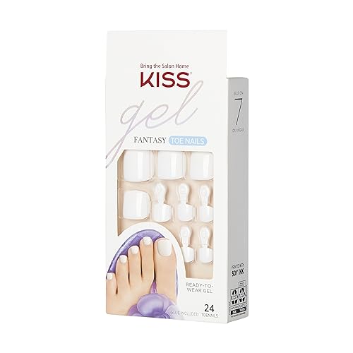 KISS Gel Fantasy Collection Ready-To-Wear Fake Toenails Pedicure Set, Style 'This is Classic', with Mini Nail File, Pink Gel Nail Glue & 28 White Smudge-Proof Glue-On Toenails