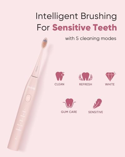 MySmile DY156 Electric Toothbrush for Adults, Rechargeable Sonic Battery Toothbrush Portable with 3 Brush Heads, 2 Mins 5 Modes Smart Timer, 45000VPM, One Charge for 60 Days - Pink