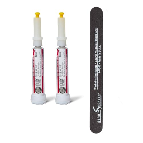 Beauty Secrets Drip & Clog Proof Nail Glue (2 Pack) Bundled with Nail File Black Cushion Medium Coarse 180/100 Grit by Beauty Secrets