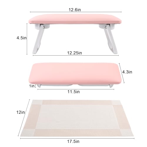 ANGNYA Nail Arm Rest for Nails Tech, Foldable Hand Stand for Nail Tech with PVC Table Mat Microfiber Leather Nail Arm Rest with Bracket Manicure Arm Rest for Nail Salon Technician (Pink)
